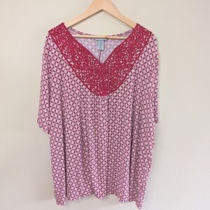 Catherines Womens 3X 26/28W Boho Crochet Neck Top Red White Geometric